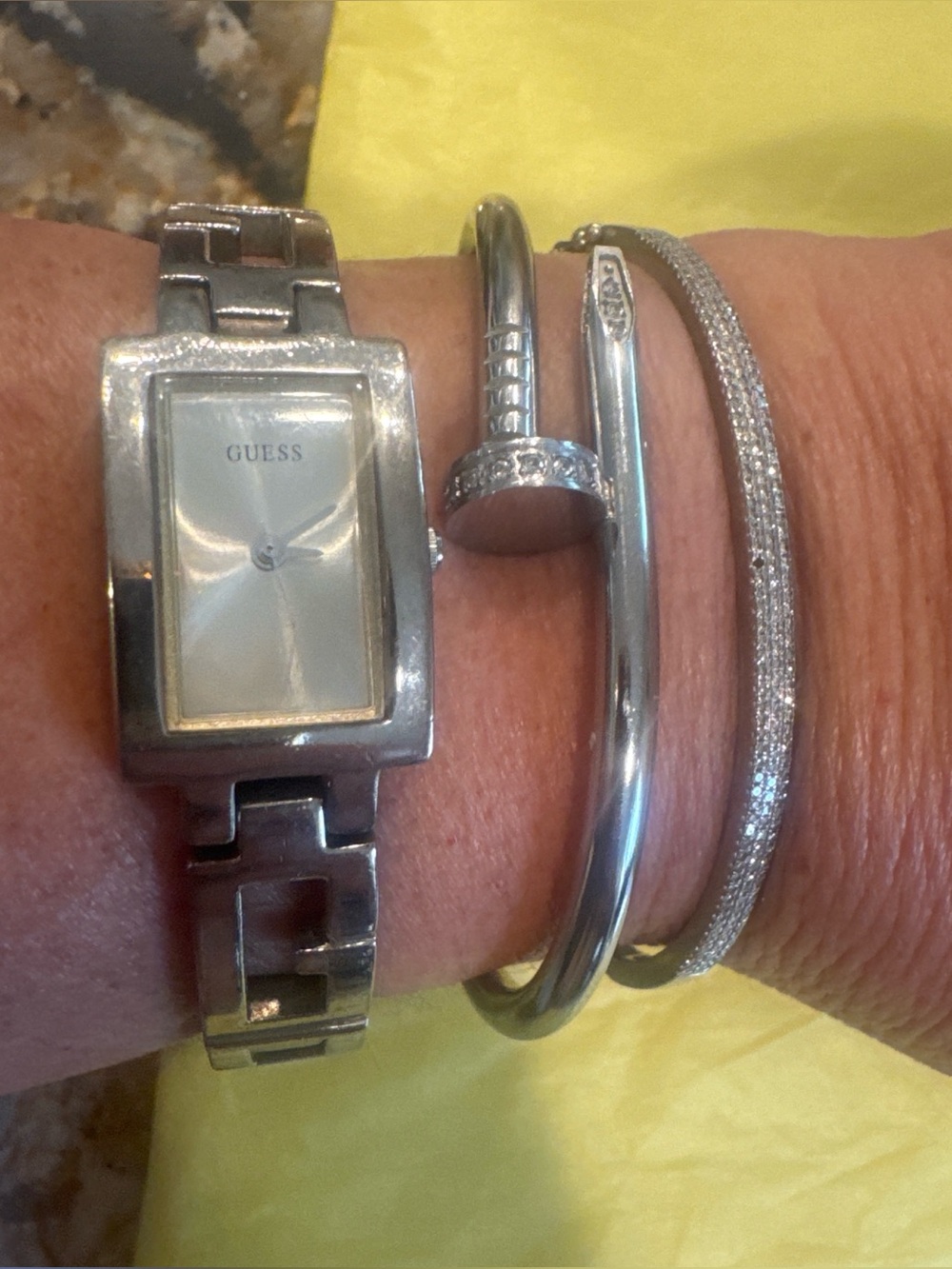 GUESS vintage Y2K Silver Tone Rectangular Women's logo bracelet Watch
